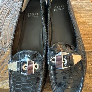 Stuart Weitzman Black Crocodile Patent Buckle Loafer 7.5
